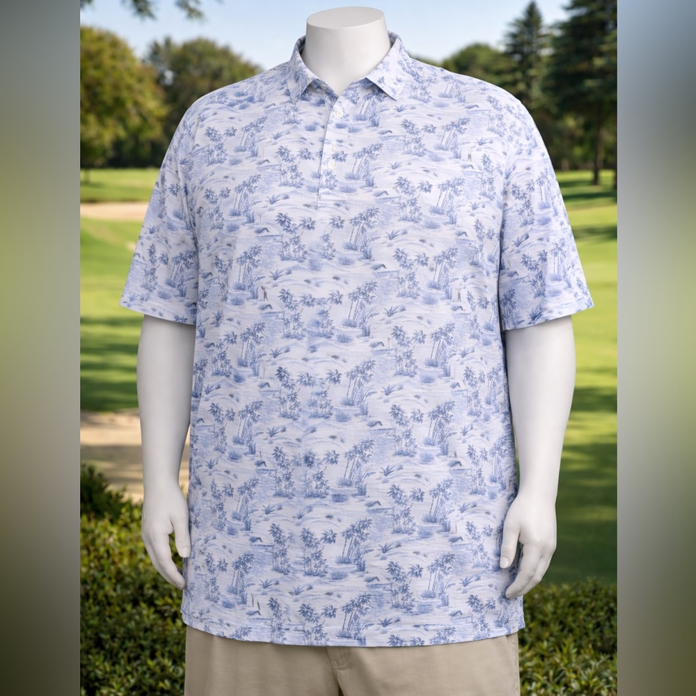 Cremieux Performance Golf Polo Shirt Mens 3XT Tall Blue Toile Palm Trees Stretch